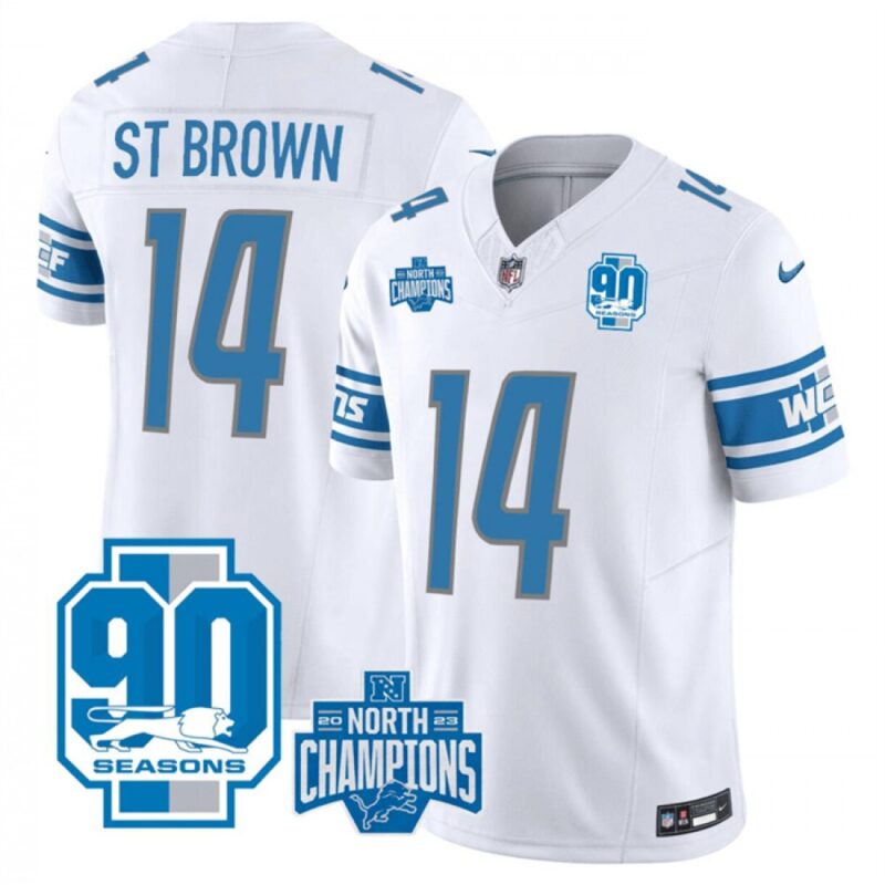 686284fedfc2d_1 Men's Detroit Lions #14 Amon-Ra St. Brown White 2023 F.U.S.E. 90th Anniversary NFC North Division Champions Vapor Untouchable Limited Stitched Jersey
