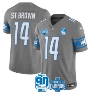 68628506a3855_1 Men's Detroit Lions #14 Amon-Ra St. Brown Grey 2023 F.U.S.E. 90th Anniversary NFC North Division Champions Vapor Untouchable Limited Stitched Jersey