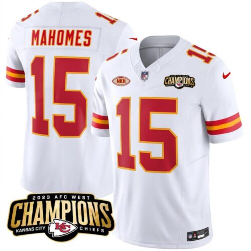 6862853f3de72_1 Men's Kansas City Chiefs #15 Patrick Mahomes White 2023 F.U.S.E. AFC West Champions With "NKH" Patch Vapor Untouchable Limited Stitched Jersey