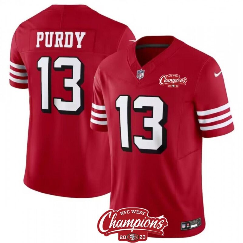 6862854a262dd_1 Men's San Francisco 49ers #13 Brock Purdy Red 2023 F.U.S.E. NFC West Champions Patch Alternate Stitched Football Jersey