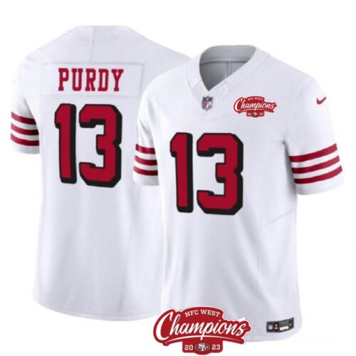 6862854dd5ae7_1 Men's San Francisco 49ers #13 Brock Purdy White 2023 F.U.S.E. NFC West Champions Patch Alternate Stitched Football Jersey