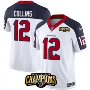 686285af75a9d_1 Men's Houston Texans #12 Nico Collins White/Navy 2023 F.U.S.E. AFC South Champions Patch Limited Stitched Football Jersey