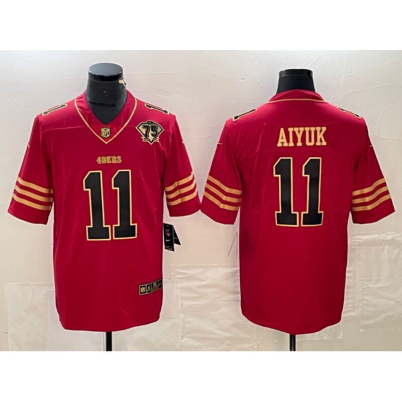 686285dde7f51_1 Men's San Francisco 49ers #11 Brandon Aiyuk Red Gold With 75th Anniversary Patch Stitched Jersey