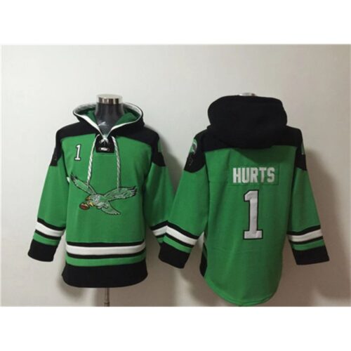 686285fc4c370_1 Men's Philadelphia Eagles #1 Jalen Hurts Green Ageless Must-Have Lace-Up Pullover Hoodie