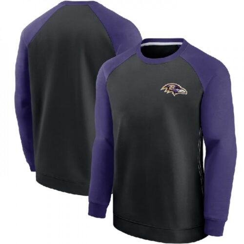 6862a30d94f70_1 Men's Baltimore Ravens Purple/Black Historic Raglan Crew Performance Sweater