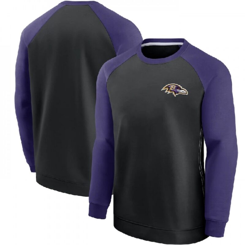 6862a30d94f70_1 Men's Baltimore Ravens Purple/Black Historic Raglan Crew Performance Sweater
