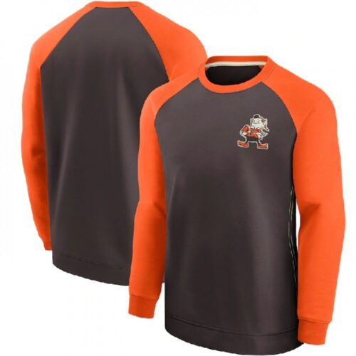 6862a316f2611_1 Men's Cleveland Browns Orange/Brown Historic Raglan Crew Performance Sweater