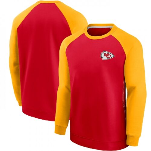 6862a3a4c3c22_1 Men's Kansas City Chiefs Red/Yellow Historic Raglan Crew Performance Sweater