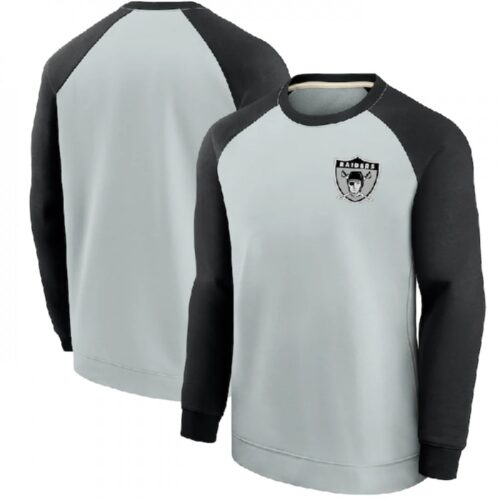 6862a3a836167_1 Men's Las Vegas Raiders Black/Grey Historic Raglan Crew Performance Sweater