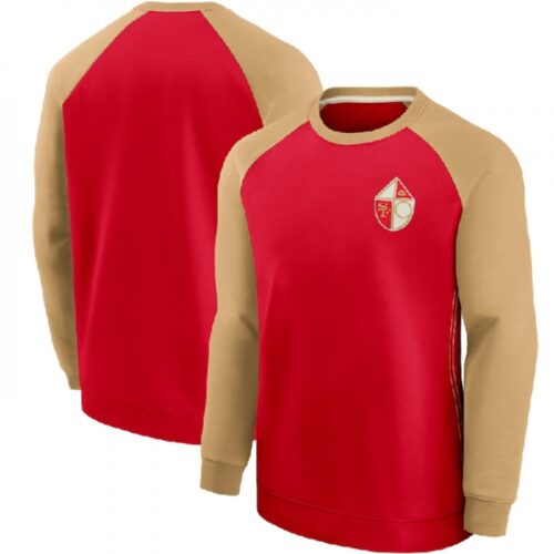 6862a3cb742e3_1 Men's San Francisco 49ers Scarlet/Gold Historic Raglan Crew Performance Sweater