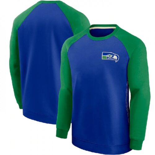 6862a3e4ce77f_1 Men's Seattle Seahawks Blue/Green Historic Raglan Crew Performance Sweater