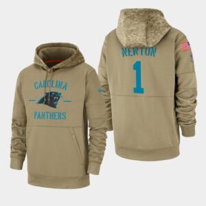 6862aa8597151_1 Men's Carolina Panthers #1 Cam Newton Tan 2019 Salute to Service Sideline Therma Pullover Hoodie