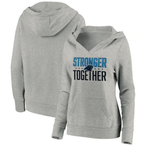 6862aabbe2366_1 Women's Carolina Panthers Heather Gray Stronger Together Crossover Neck Pullover Hoodie(Run Small)