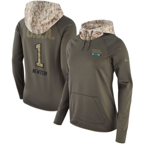 6862aacf4c9eb_1 Women's Carolina Panthers #1 Cam Newton Olive Salute to Service Sideline Therma Pullover Hoodie