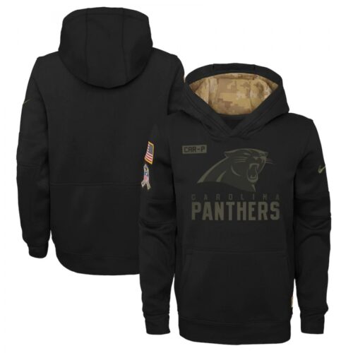 6862aae2ec211_1 Youth Carolina Panthers 2020 Black Salute to Service Sideline Performance Pullover Hoodie