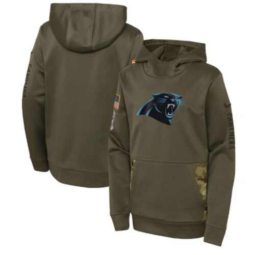 6862aaf1dc33b_1 Youth Carolina Panthers 2022 Olive Salute to Service Therma Performance Pullover Hoodie