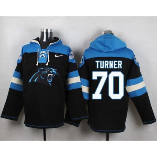 6862ab7f82914_1 Panthers #70 Trai Turner Black Player Pullover NFL Hoodie