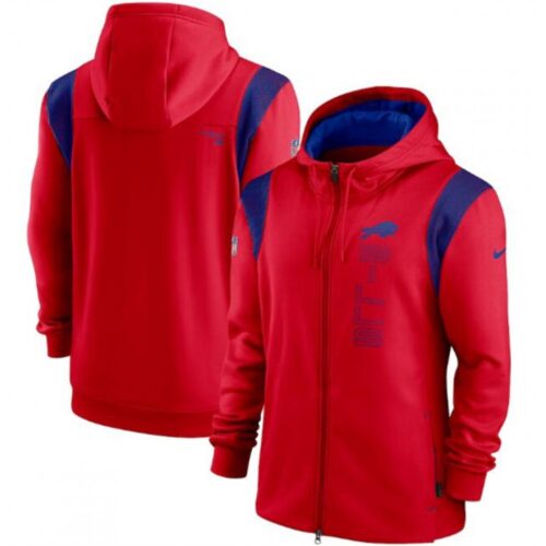 6862aefb5cf85_1 Men's Buffalo Bills 2021 Red Sideline Team Performance Full-Zip Hoodie