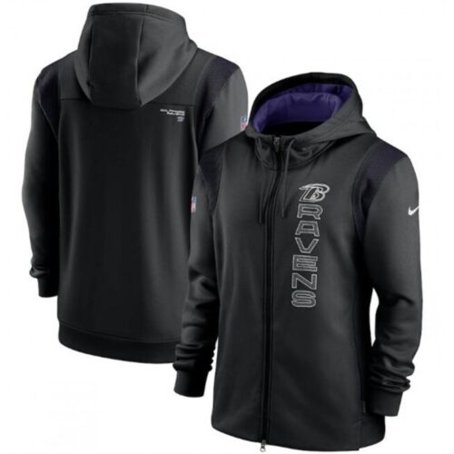 6862af8553af6_1 Men's Baltimore Ravens 2021 Black Sideline Team Performance Full-Zip Hoodie