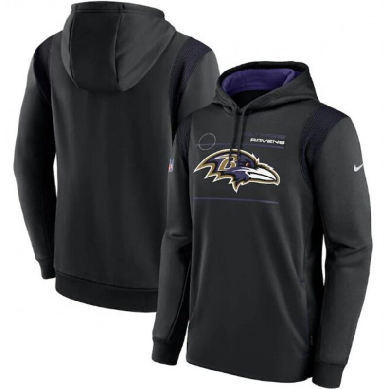 6862af8896e14_1 Men's Baltimore Ravens 2021 Black Sideline Logo Performance Pullover Hoodie