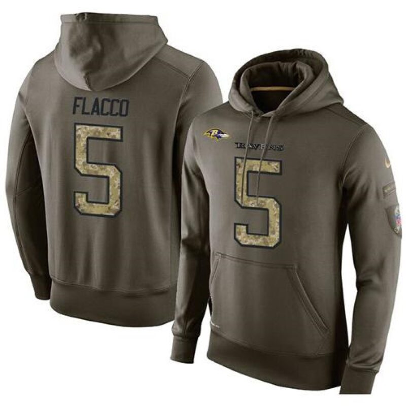 6862afe2b8e4d_1 NFL Men's Baltimore Ravens #5 Joe Flacco Stitched Green Olive Salute To Service KO Performance Hoodie