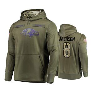 6862b015b5191_1 Men's Baltimore Ravens #8 Lamar Jackson 2019 Olive Salute To Service Sideline Therma Performance Pullover Hoodie