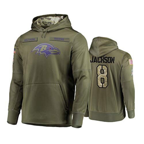 6862b015b5191_1 Men's Baltimore Ravens #8 Lamar Jackson 2019 Olive Salute To Service Sideline Therma Performance Pullover Hoodie