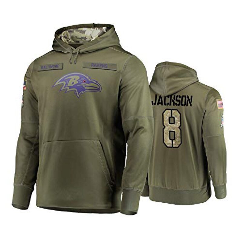 6862b015b5191_1 Men's Baltimore Ravens #8 Lamar Jackson 2019 Olive Salute To Service Sideline Therma Performance Pullover Hoodie