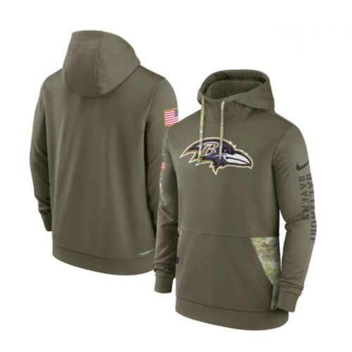 6862b02626f27_1 Men's Baltimore Ravens 2022 Olive Salute to Service Therma Performance Pullover Hoodie