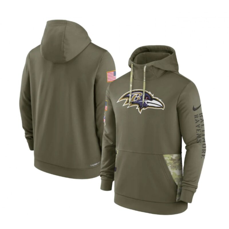 6862b02626f27_1 Men's Baltimore Ravens 2022 Olive Salute to Service Therma Performance Pullover Hoodie