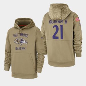 6862b0682c3d4_1 Men's Baltimore Ravens #21 Mark Ingram II 2019 Tan Salute To Service Sideline Therma Performance Pullover Hoodie