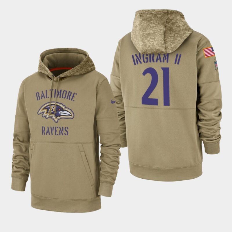6862b0682c3d4_1 Men's Baltimore Ravens #21 Mark Ingram II 2019 Tan Salute To Service Sideline Therma Performance Pullover Hoodie