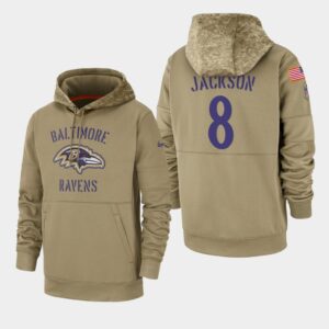6862b06bc3174_1 Men's Baltimore Ravens #8 Lamar Jackson 2019 Tan Salute To Service Sideline Therma Performance Pullover Hoodie