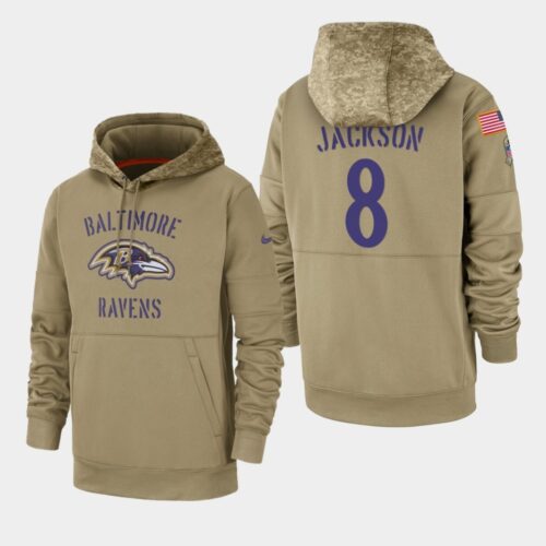 6862b06bc3174_1 Men's Baltimore Ravens #8 Lamar Jackson 2019 Tan Salute To Service Sideline Therma Performance Pullover Hoodie