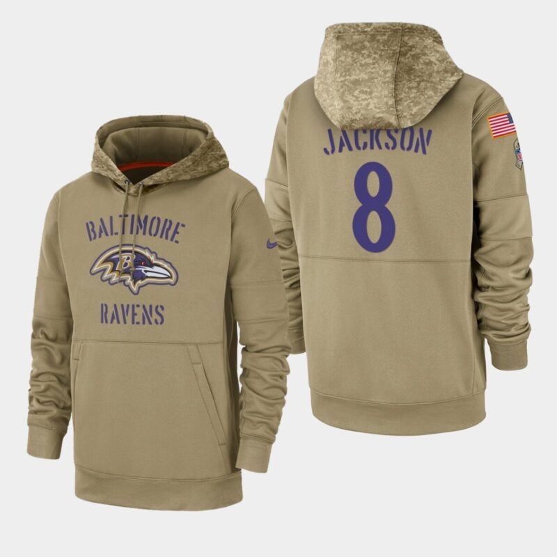 6862b06bc3174_1 Men's Baltimore Ravens #8 Lamar Jackson 2019 Tan Salute To Service Sideline Therma Performance Pullover Hoodie