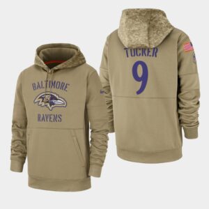 6862b06f4c582_1 Men's Baltimore Ravens #9 Justin Tucker 2019 Tan Salute To Service Sideline Therma Performance Pullover Hoodie