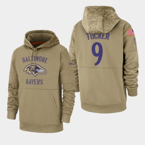 6862b06f4c582_1 Men's Baltimore Ravens #9 Justin Tucker 2019 Tan Salute To Service Sideline Therma Performance Pullover Hoodie
