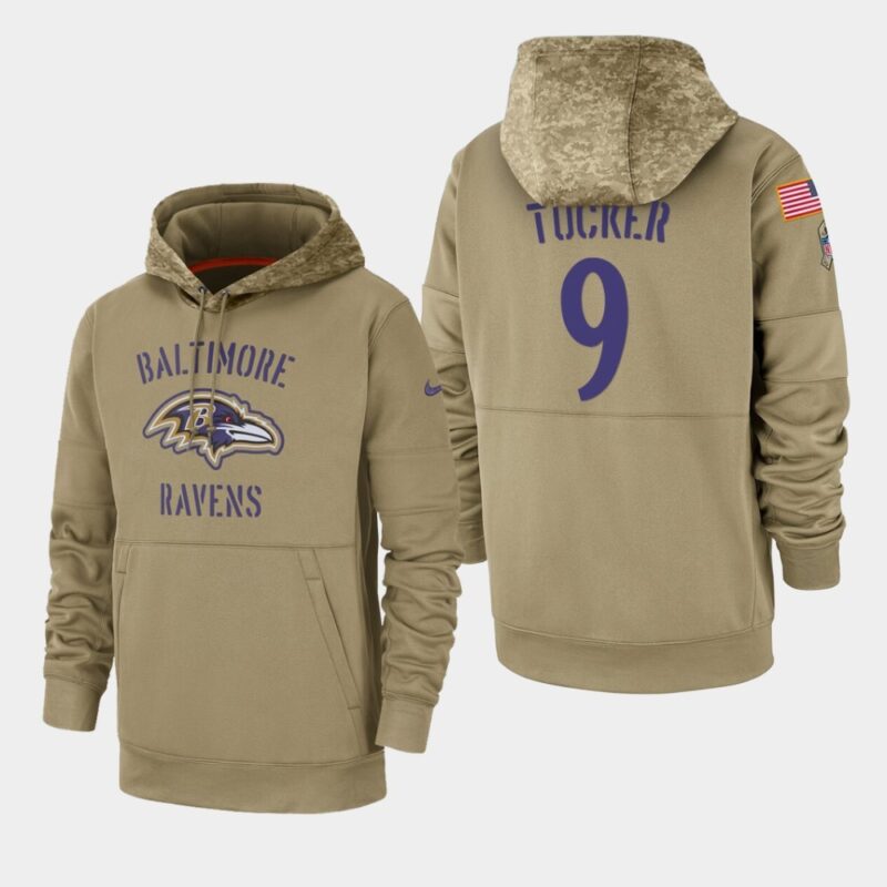 6862b06f4c582_1 Men's Baltimore Ravens #9 Justin Tucker 2019 Tan Salute To Service Sideline Therma Performance Pullover Hoodie