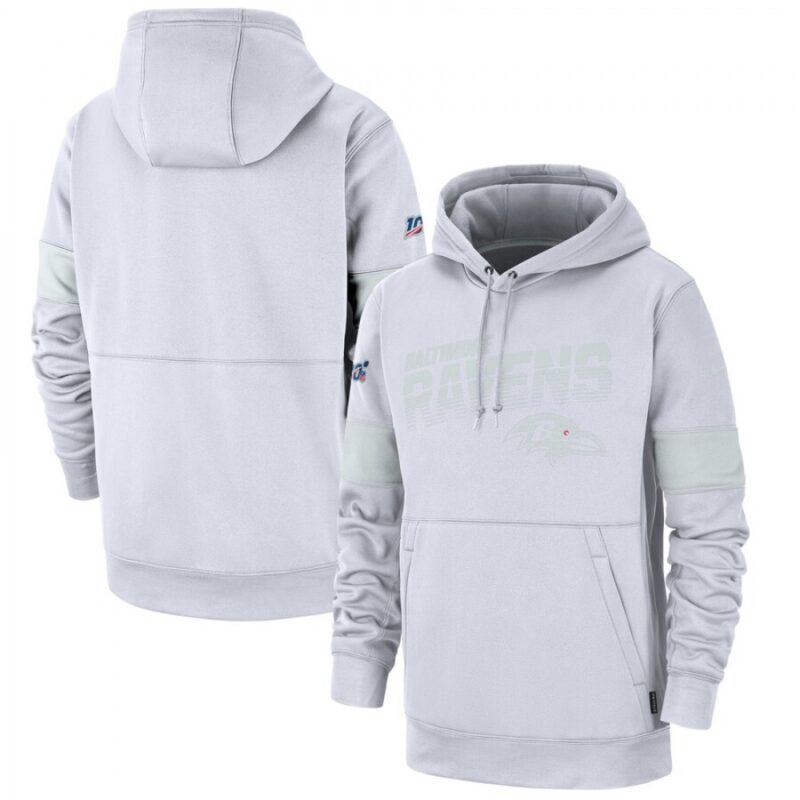 6862b0794a52d_1 Men's Baltimore Ravens White 2019 100th Season Sideline Platinum Therma Pullover Hoodie