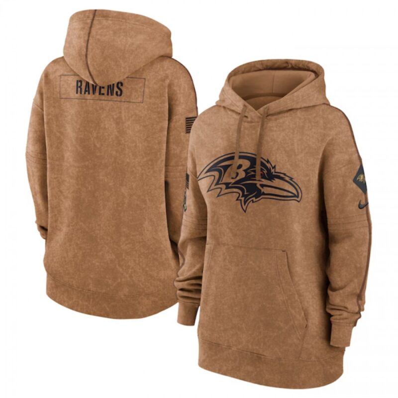 6862b0b28be0b_1 Women's Baltimore Ravens 2023 Brown Salute to Service Pullover Hoodie(Run Small)