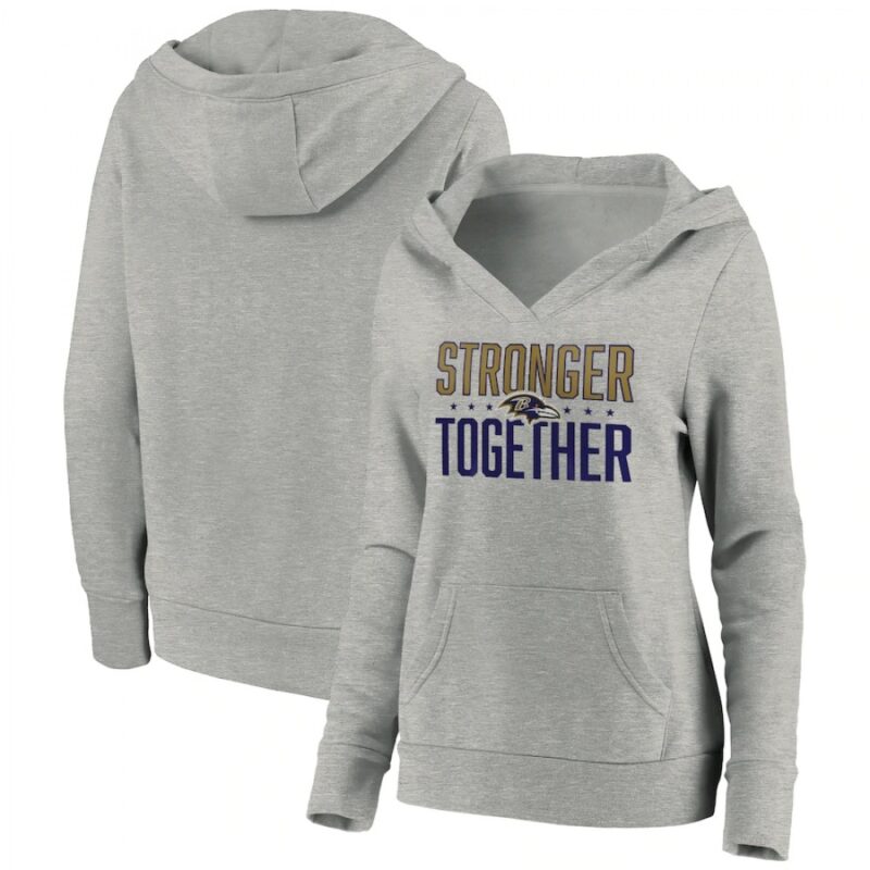 6862b0b905c3e_1 Women's Baltimore Ravens Heather Gray Stronger Together Crossover Neck Pullover Hoodie(Run Small)