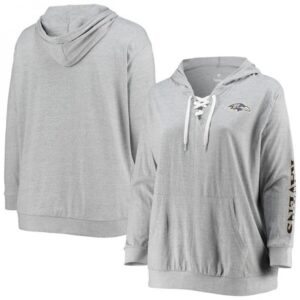 6862b0bcc9174_1 Women's Baltimore Ravens Heathered Gray Plus Size Lace-Up Pullover Hoodie