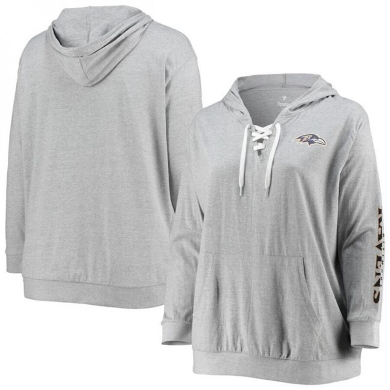 6862b0bcc9174_1 Women's Baltimore Ravens Heathered Gray Plus Size Lace-Up Pullover Hoodie