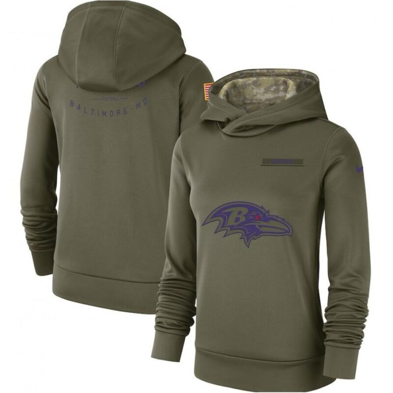 6862b0cd57915_1 Women's Baltimore Ravens Olive Salute to Service Team Logo Performance Pullover NFL Hoodie