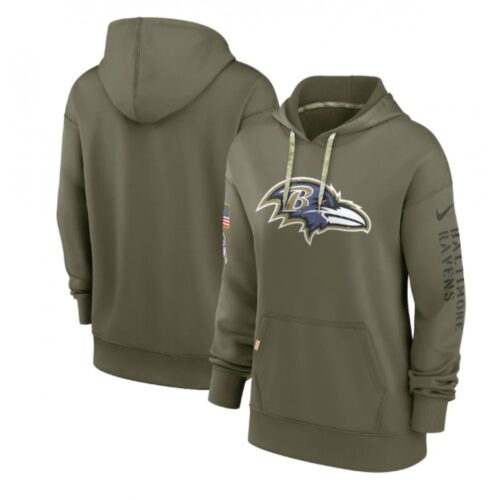 6862b0d12dd5f_1 Women's Baltimore Ravens 2022 Olive Salute to Service Therma Performance Pullover Hoodie(Run Small)