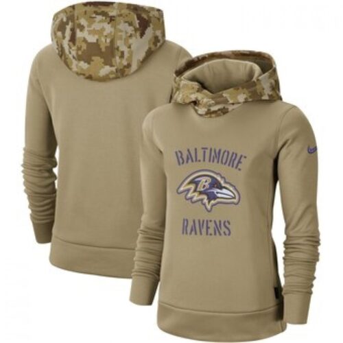 6862b0de3c9e0_1 Women's Baltimore Ravens Khaki 2019 Salute to Service Therma Pullover Hoodie(Run Small)