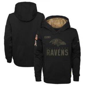 6862b0e170cad_1 Youth Baltimore Ravens 2020 Black Salute to Service Sideline Performance Pullover Hoodie