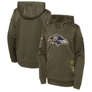 6862b0f1bbf36_1 Youth Baltimore Ravens 2022 Olive Salute to Service Therma Performance Pullover Hoodie