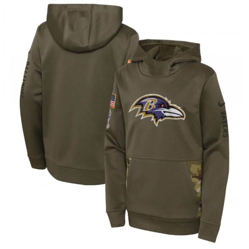 6862b0f1bbf36_1 Youth Baltimore Ravens 2022 Olive Salute to Service Therma Performance Pullover Hoodie