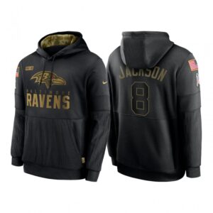 6862b1caba422_1 Men's Baltimore Ravens #8 Lamar Jackson 2020 Black Salute to Service Sideline Performance Pullover Hoodie